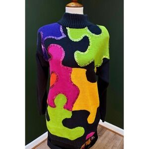 Vintage Santoria 1992 Funky Puzzle‎ Piece Sequin Turtleneck Sweater Dress M